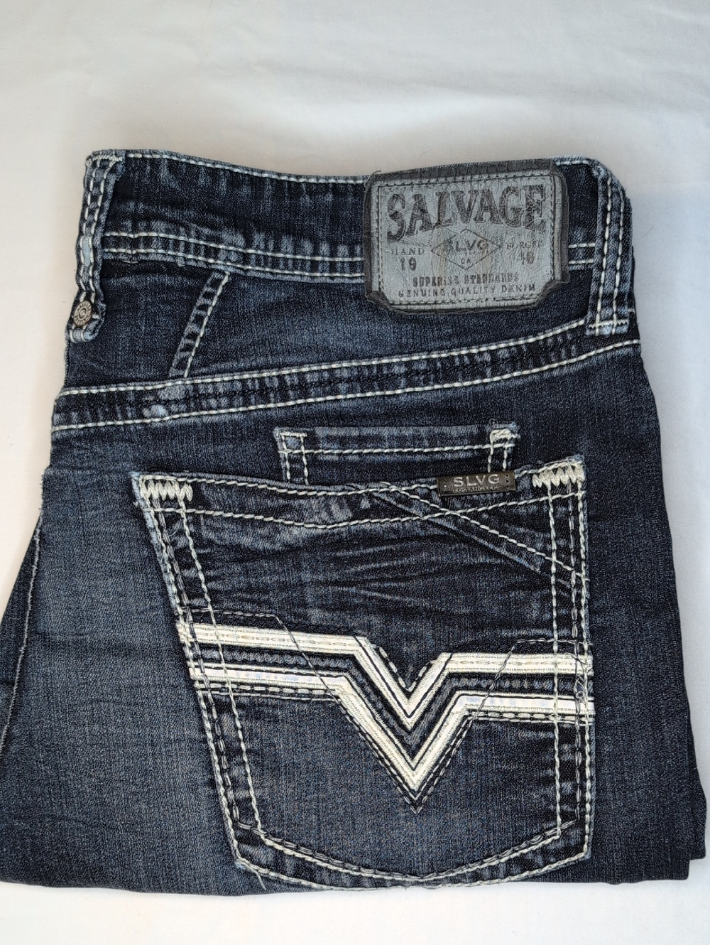 Salvage Men’s Indigo Slim Straight Jeans with White Stitching